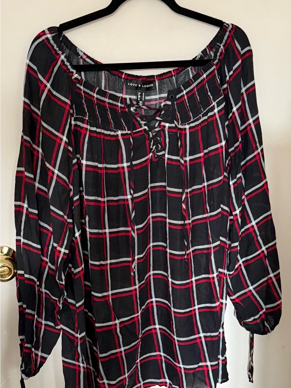 Addition Elle Love & Legend Black Plaid Lace-Up Peasant Blouse